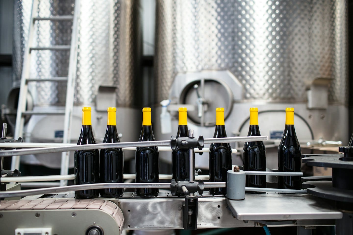 Wine bottles move along a conveyor belt in a winery.